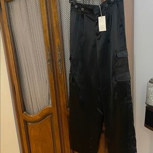 Black Satin Cargo Pants